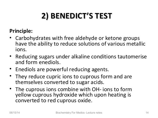 benedict s test for reducing sugars (biochemistry) a chemical solution used to detect the presence of glucose and other reducing sugars medically, it is used to test the urine of diabetics. benedict s test for reducing sugars (biochemistry) a chemical solution used to detect the presence of glucose and other reducing sugars medically, it is used to test the urine of diabetics.