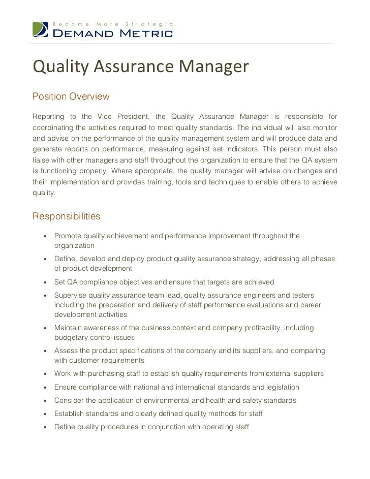 Quality assurance and compliance manager job description