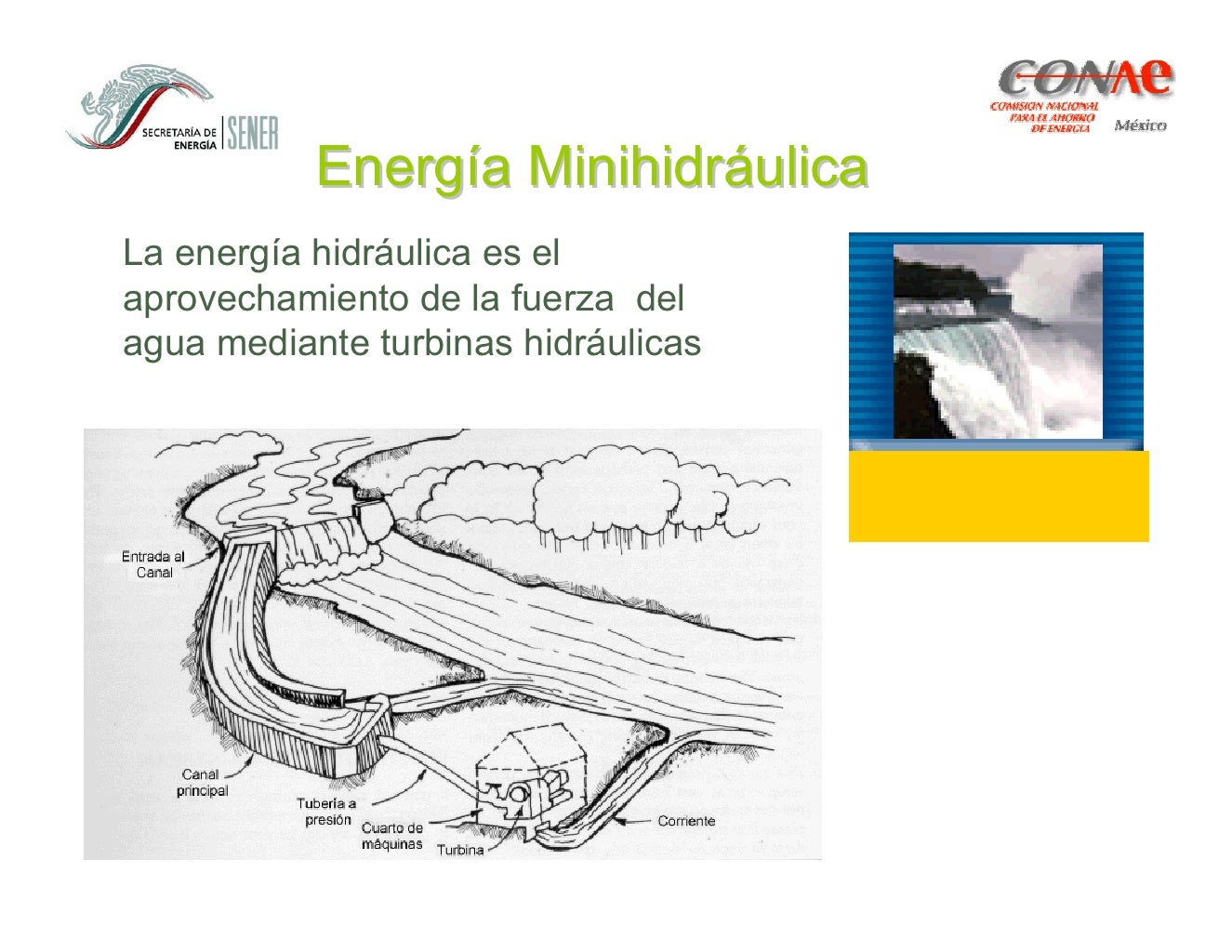 Energía Minihidráulica
La energía hidráulica es el
aprovechamiento de la fuerza del
agua mediante turbinas hidráulicas
 