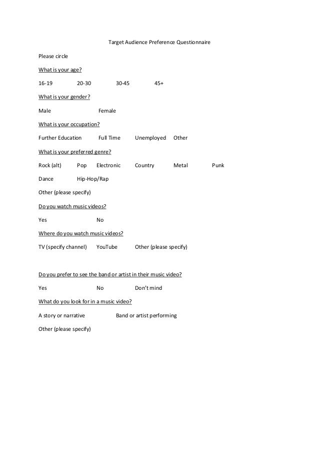 Target Audience Preference Questionnaire