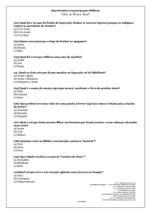 Questionário com perguntas bíblicas Questionário com perguntas bíblicas