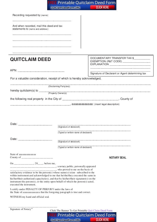 QUIT CLAIM DEED FORM FREE DOWNLOAD