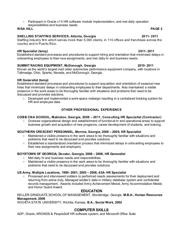sample resume hr generalist