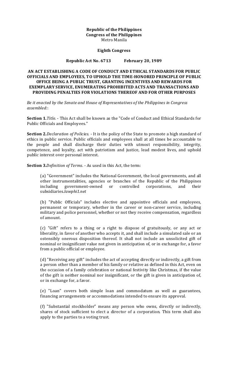 ra 6713 code of conduct and Republic act no 6713 (february 20, 1989) an act establishing a code of conduct and ethical standards for public officials and employees, to uphold the time. ra 6713 code of conduct and Republic act no 6713 (february 20, 1989) an act establishing a code of conduct and ethical standards for public officials and employees, to uphold the time.