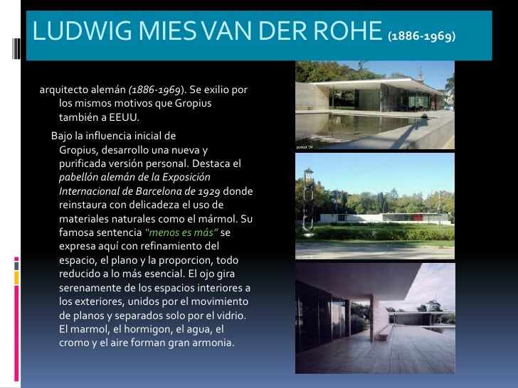 LUDWIG MIES VAN DER ROHE (1886-1969)arquitecto alemán (1886-1969). Se exilio por    los mismos motivos que Gropius    tamb...