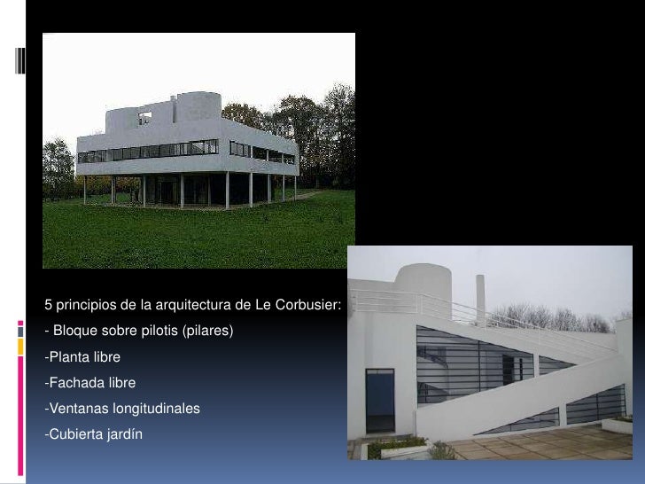 5 principios de la arquitectura de Le Corbusier:- Bloque sobre pilotis (pilares)-Planta libre-Fachada libre-Ventanas longi...