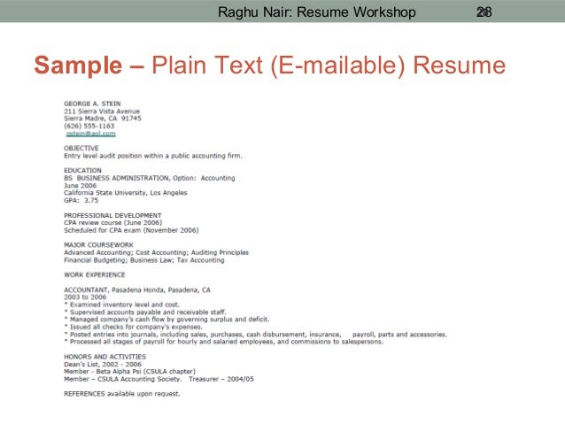 plain text resume format examples
