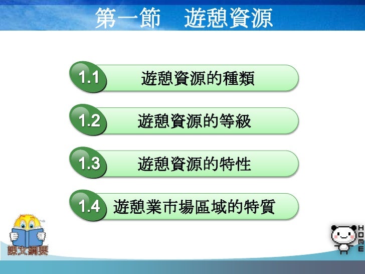 第一節 遊憩資源

  遊憩資源的種類

 遊憩資源的等級

 遊憩資源的特性

遊憩業市場區域的特質
 
