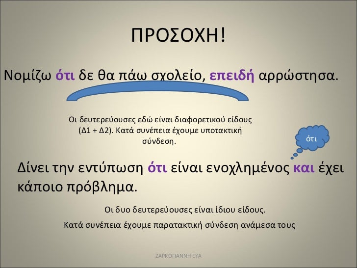 ΠΡΟΣΟΧΗ! <ul><li>Νομίζω  ότι  δε θα πάω σχολείο,  επειδή  αρρώστησα. </li></ul><ul><li>Δίνει την εντύπωση  ότι  είναι ενοχ...