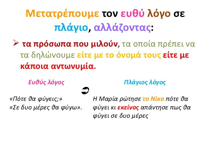Μετατρέπουμε τον ευθύ λόγο σε πλάγιο , αλλάζοντας : <ul><li>τα πρόσωπα που μιλούν , τα οποία πρέπει να τα δηλώνουμ...