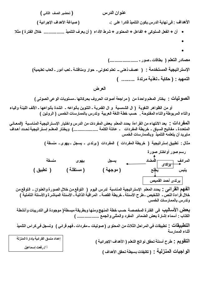نموذج تحضير عربى الصف الثانى القرائية حسب النماذج الارشادية فى دليل المتدرب الفصل الدراسى الاول -1-638