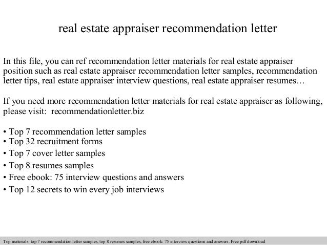 Real estate appraiser recommendation letter