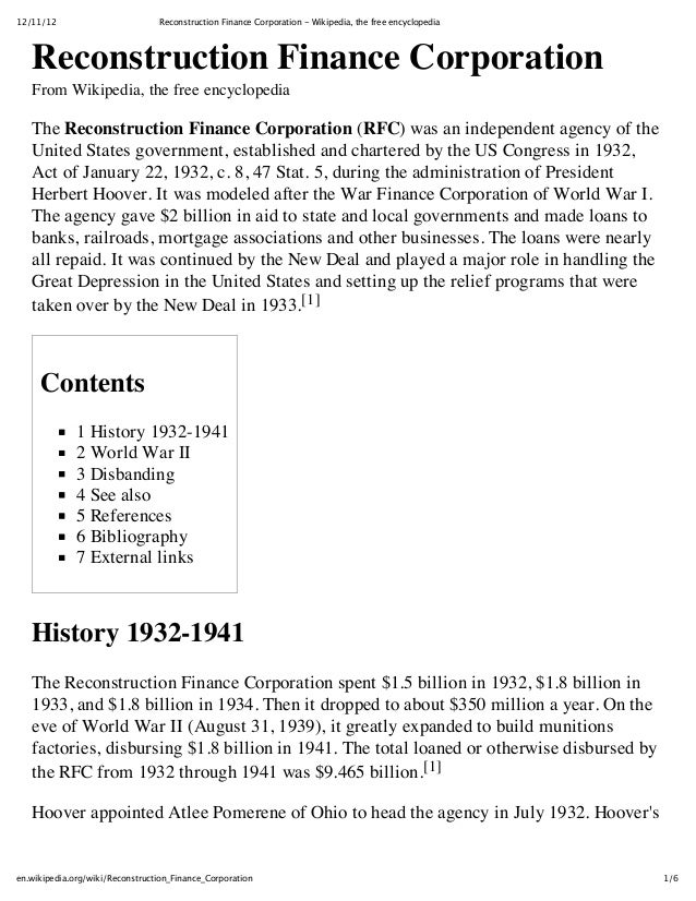 Reconstruction finance corporation wikipedia, the free encyclopedia