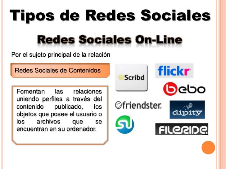 Tipos de Redes Sociales<br />Redes Sociales On-Line<br />Por el sujeto principal de la relación<br />Redes Sociales de Con...