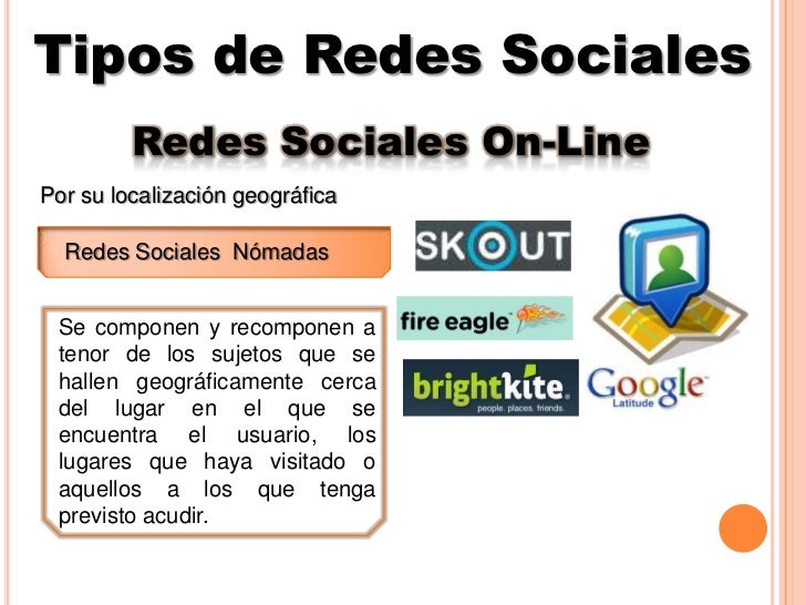Tipos de Redes Sociales<br />Redes Sociales On-Line<br />Por su localización geográfica <br />Redes Sociales  Nómadas<br /...
