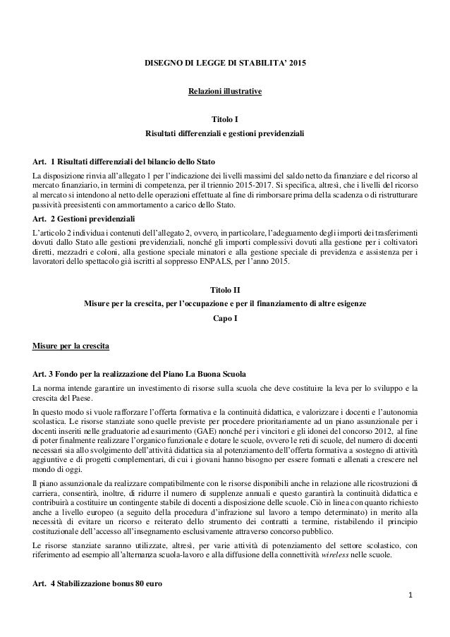 Relazione illustrativa legge di stabilità