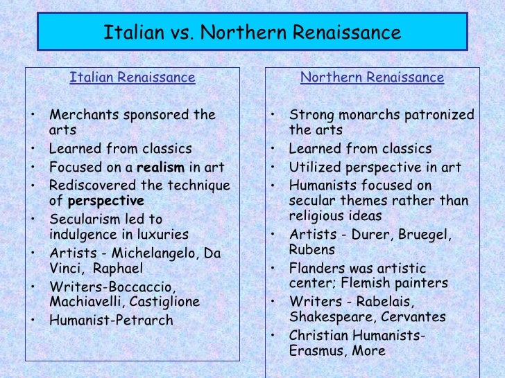 compare and contrast italian renaissance painting and sculpture to the northern renaissance painting The differences between the northern and italian renaissance in politics, literature, and art all center on a common religious aspect it is religion that held the power and controlled a large part of europe before the renaissance. compare and contrast italian renaissance painting and sculpture to the northern renaissance painting The differences between the northern and italian renaissance in politics, literature, and art all center on a common religious aspect it is religion that held the power and controlled a large part of europe before the renaissance.