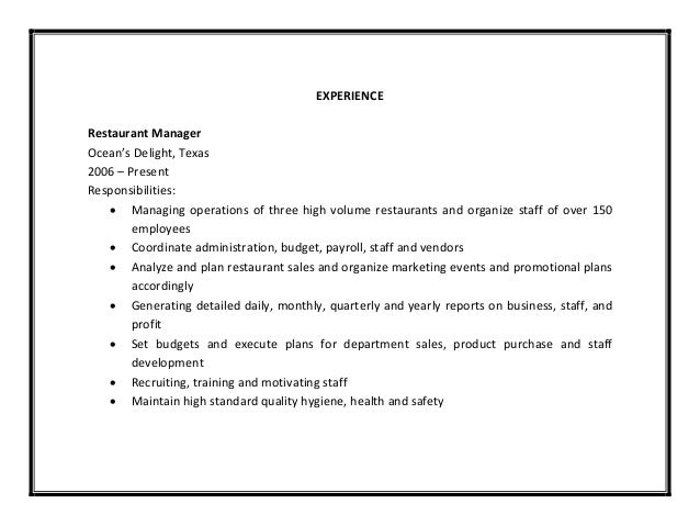 manager responsibilities for resumes