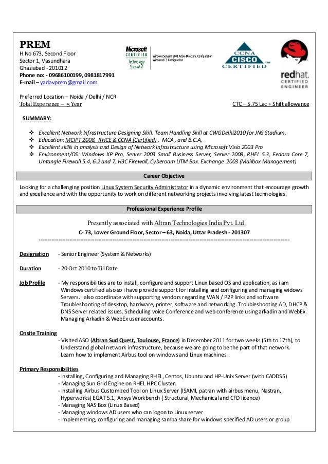 linux administrator resume format