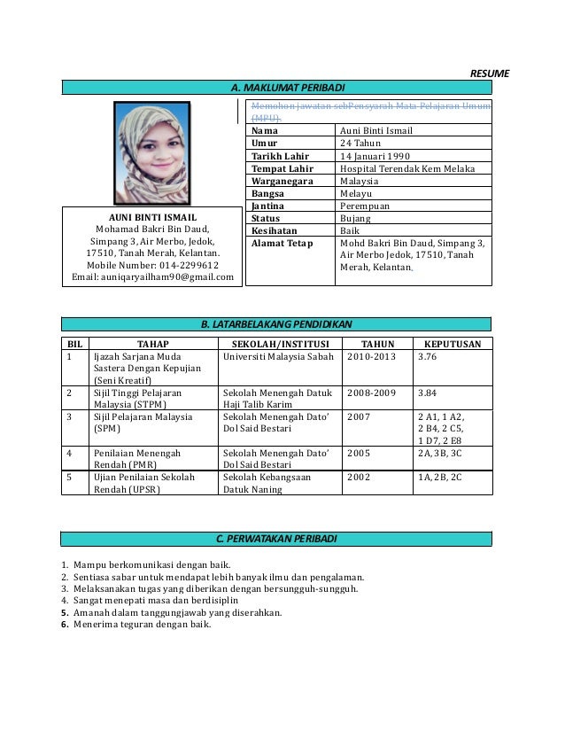 Contoh Resume Bahasa Melayu Contoh Resume | Share The Knownledge