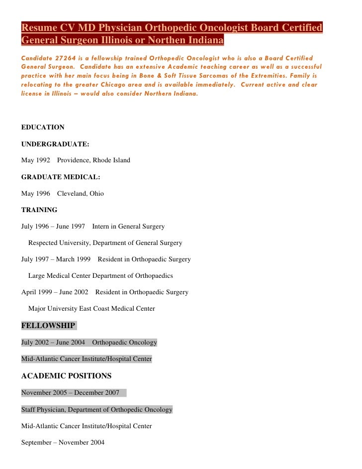 resume cv m d physician orthopedic oncologist board resume surgeon