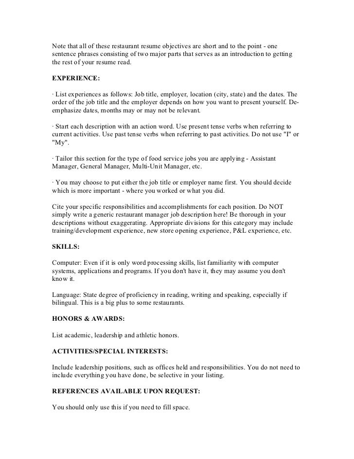 restaurants resumes