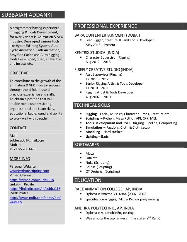 resume format freshers vfx artist resume subbu addanki resume format freshers vfx artist resume subbu addanki