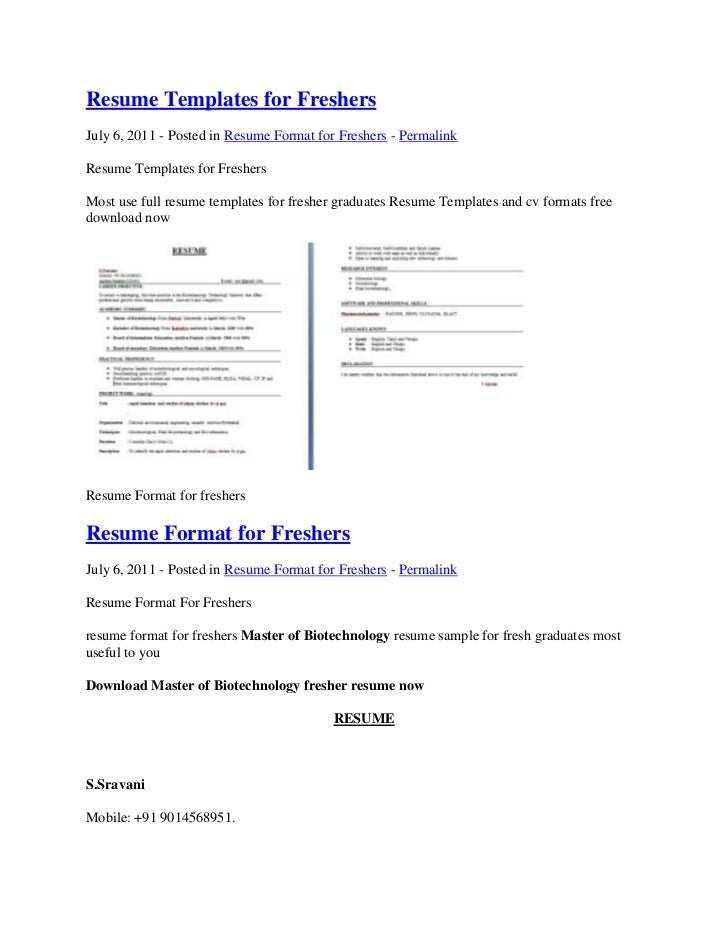 Resume format for b tech biotechnology freshers