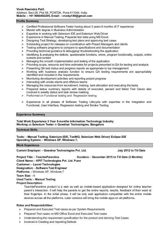 resume vivek patil manual automation testing automation testing resume