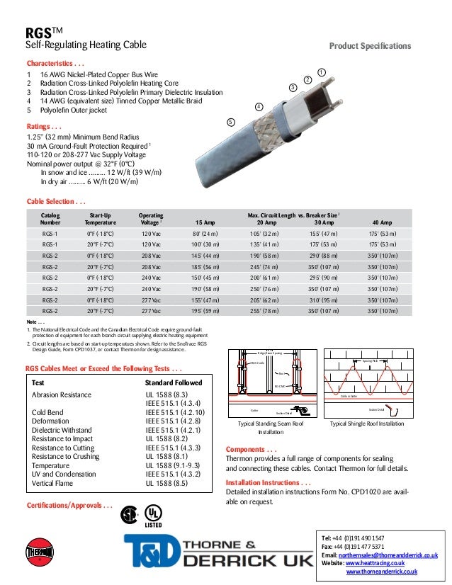 Thermon RGS Heat Tracing Cable Spec Sheet