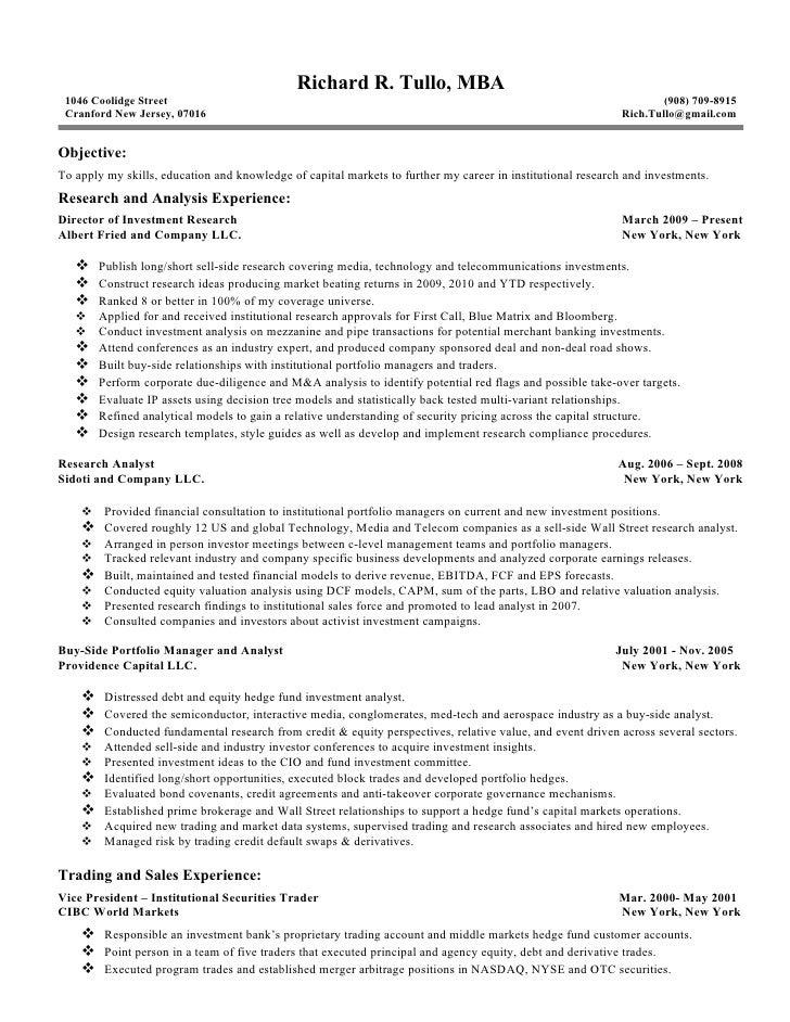 Equity research sample resume