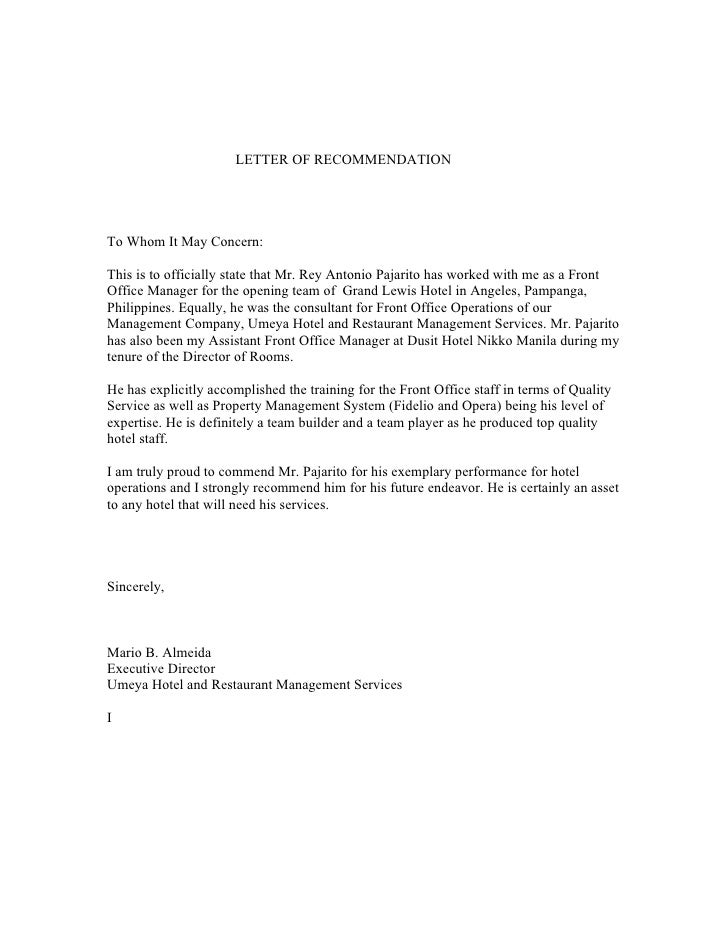 letter of recommendation office manager