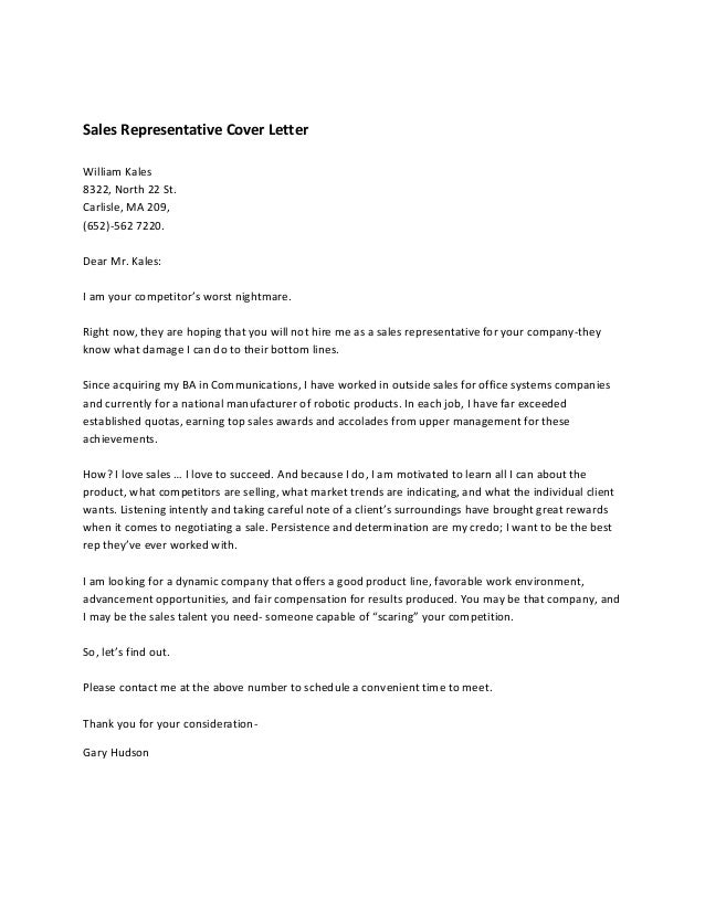 sales representative cover letter
