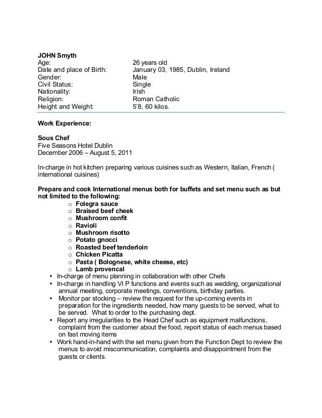 Resume For Overseas Job Sample chef-cv for overseas jobs. JOHN Smyth Age: 26 years old Date and place of Birth: January 03, ...