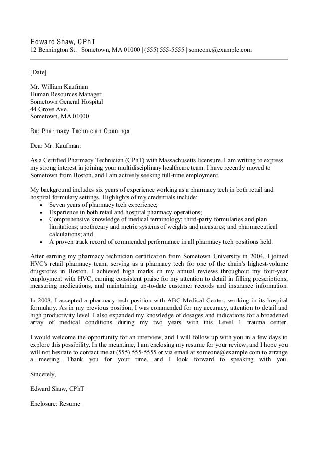 pharmacy technician cover letter sample