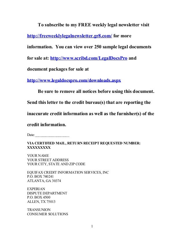 Sample dispute letter to credit bureau under Fair Credit Reporting Act