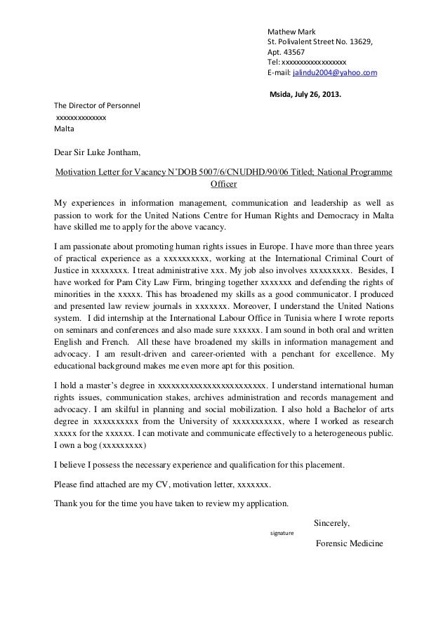Example of motivation letter for university application