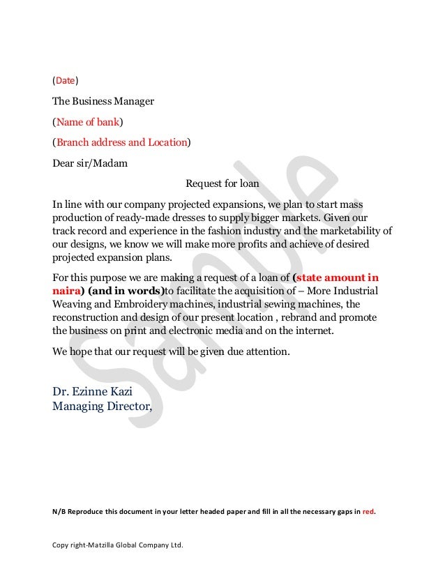Sample cover letter for business loan application