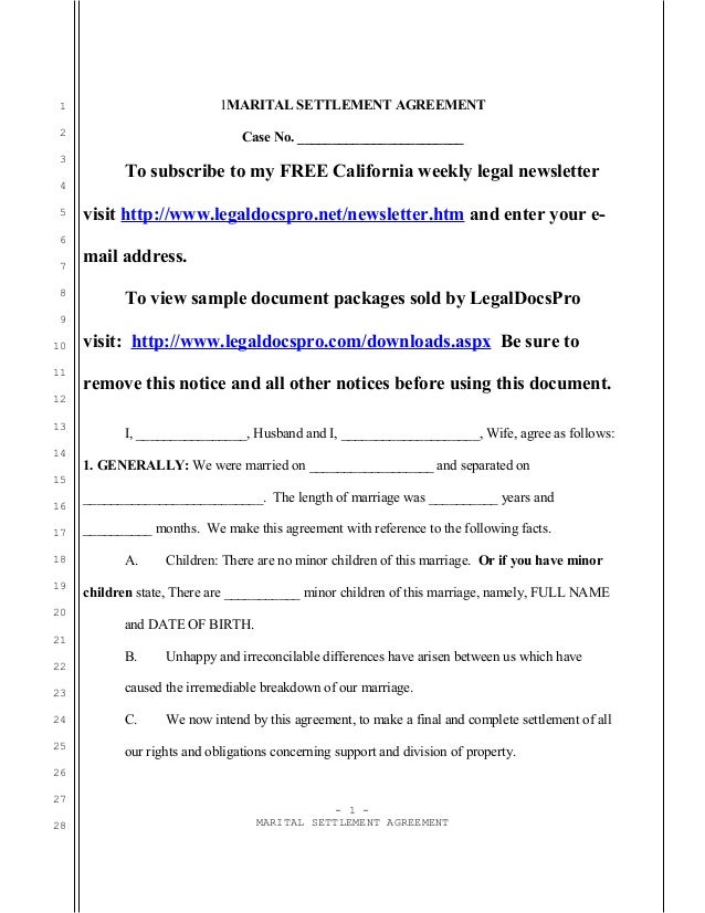 settlement sample divorce a of