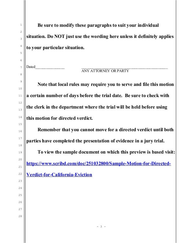 Sample motion for directed verdict for California eviction