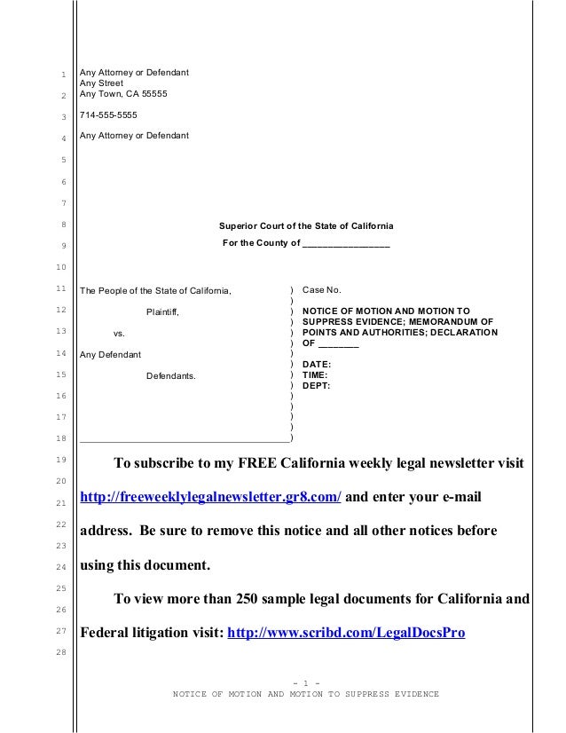 Sample motion to suppress evidence for California