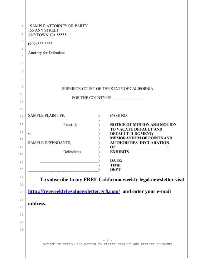 of notice form vacate motion to judgment