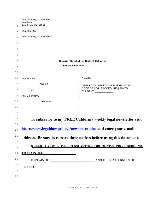 Sample California Offer To Compromise