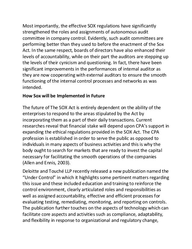 sarbanes-oxley act essays Free essay: the act identifies and assigns accountability to those who knowingly falsify documents and it clearly states the consequences for acting outside. sarbanes-oxley act essays Free essay: the act identifies and assigns accountability to those who knowingly falsify documents and it clearly states the consequences for acting outside.