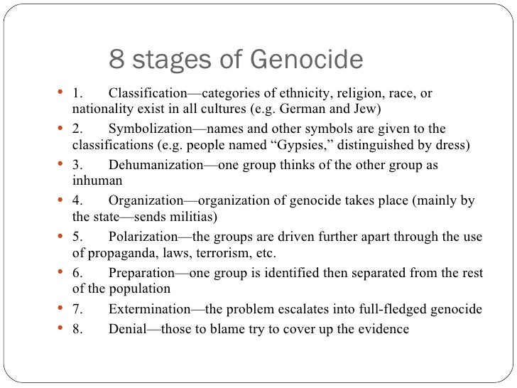 eight steps of genocide The rwandan genocide and the eight stages of genocide 1 the rwandan genocide and the eight stages of genocide 2 the eight stages of genocide • gregory h stanton, policy wonk • professor in genocide studies and prevention, george mason university – 1981 - cambodian genocide project, founder – state department, 1992–1999 - drafted the un security council resolutions to create . eight steps of genocide The rwandan genocide and the eight stages of genocide 1 the rwandan genocide and the eight stages of genocide 2 the eight stages of genocide • gregory h stanton, policy wonk • professor in genocide studies and prevention, george mason university – 1981 - cambodian genocide project, founder – state department, 1992–1999 - drafted the un security council resolutions to create .