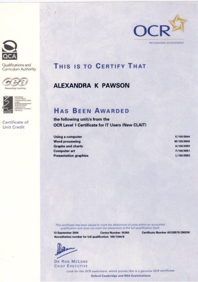 OCR Level 1 Certificate for IT Users Alexandra K Pawson issued by Q…
