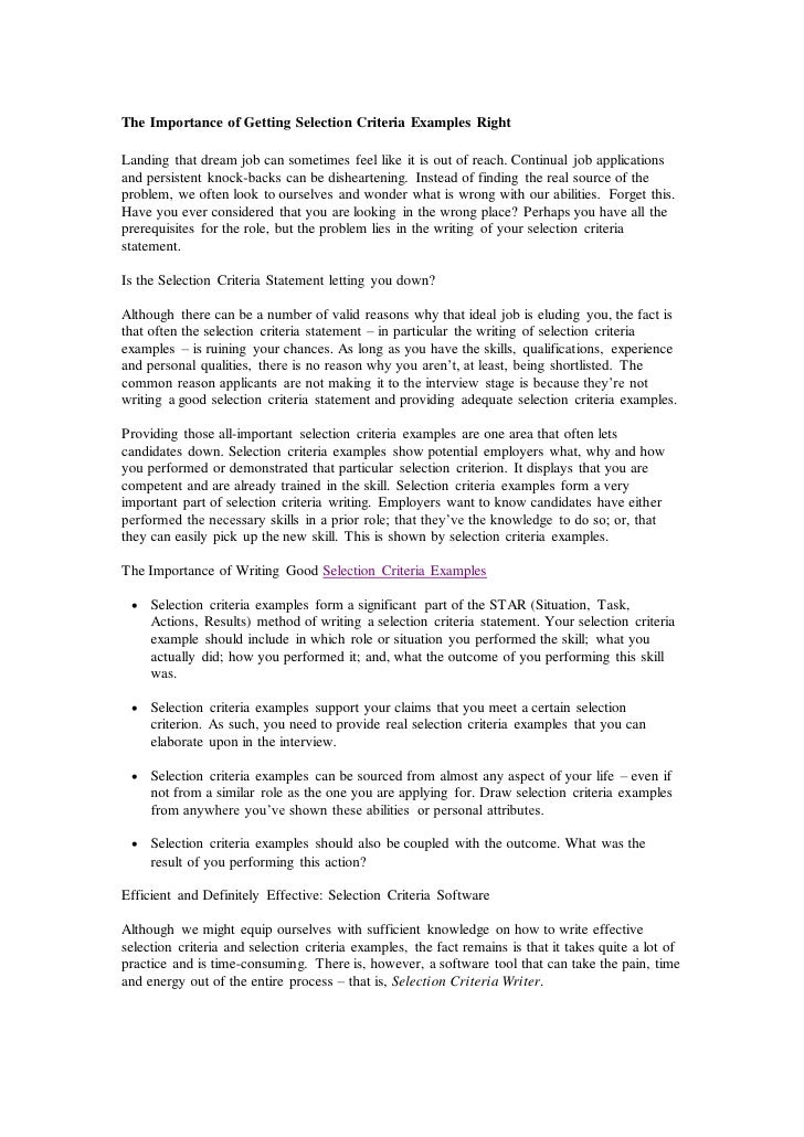 sample cover letter addressing selection criteria