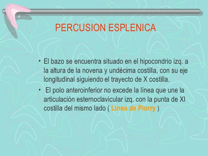 PERCUSION ESPLENICA• El bazo se encuentra situado en el hipocondrio izq. a  la altura de la novena y undécima ...