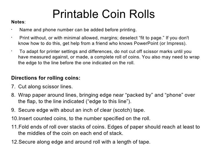 Printable Coin Rolls Printable Coin Rolls
