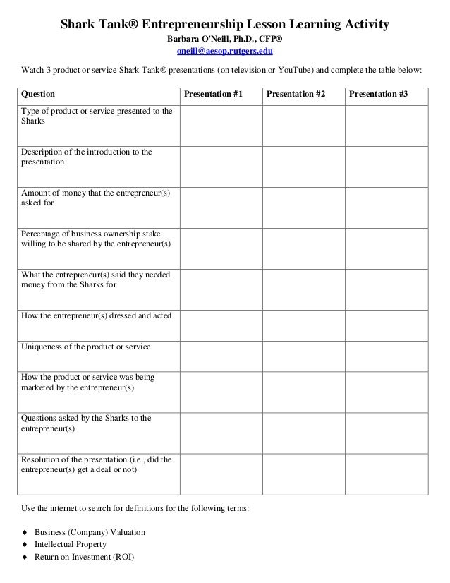 Shark Tank (R) Lessson Learning Activity